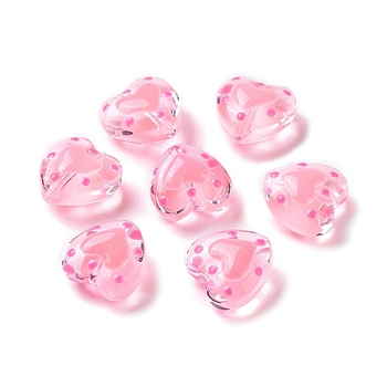 Glass Heart Beads, with Enamel, Bead in Bead, Pink, 12x11.5~12.5x6.5~7mm, Hole: 0.8~1mm