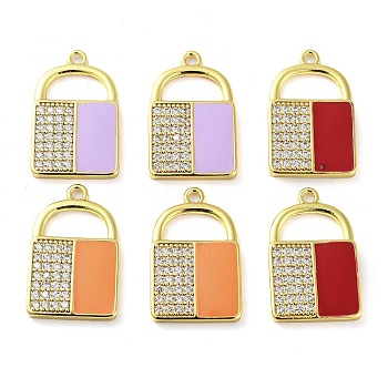 Brass Micro Pave Clear Cubic Zirconia Pendants, with Enamel, Real 18K Gold Plated, Lock Charm, Mixed Color, 24x15x2mm, Hole: 1.8mm