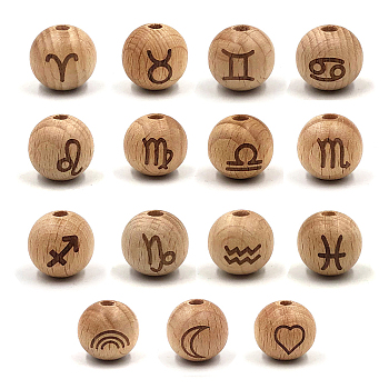 Wood Beads, Round with Constellation, BurlyWood, 16x15mm, Hole: 4mm, 15pcs/bag