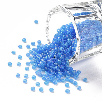 12/0 Grade A Round Glass Seed Beads, Transparent Frosted Style, AB Color Plated, Dodger Blue, 2x1.5mm, Hole: 0.8mm, about 30000pcs/bag