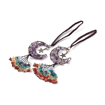 Natural Amethyst Moon with Mixed Gemstone Chips Tassel Pendant Decorations, with Rack Plating Red Copper Plated Brass Findings, Cadmium Free & Lead Free, 205~208mm