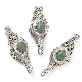 Natural Green Aventurine Pendants, Rack Plating Brass Colorful Rhinestone Shell Shape Charms, Lead Free & Cadmium Free, Platinum, 49x20x19mm, Hole: 7x3mm