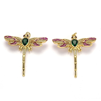 Brass Micro Pave Cubic Zirconia Pendants, with Enamel and Jump Rings, Long-Lasting Plated, Dragonfly, Real 18K Gold Plated, 41.5x40x7mm, Jump Ring: 5x1mm, 3mm Inner Diameter