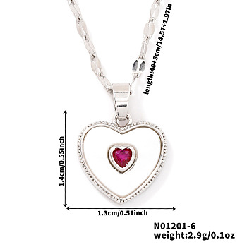 Chic Heart-shaped Brass Clear Cubic Zirconia Pendant Dapped Chain Necklace for Women, Platinum, Red, 15.75 inch(40cm)