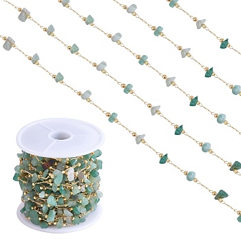Natural Green Aventurine Chips Beaded Chains, with Golden Brass Findings, Long-Lasting Plated, Soldered, with Spool, 4~14x4~11x2~7mm, about 3.28 Feet(1m)/Box
