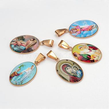 Golden Mixed Color Oval Stainless Steel+Glass Pendants