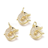 Brass Micro Pave Clear Cubic Zirconia Charms, with Jump Rings, Dolphin Shape, Golden, 14.3x13.2x3.8mm, Hole: 3.6mm(X-ZIRC-H100-02G)