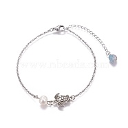Stainless Steel Link Anklets, with Pearl Beads, Natural Aquamarine Beads and Alloy Findings, Sea Turtle, Antique Silver & Stainless Steel Color, 9 inch(23cm)(AJEW-AN00253)