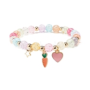 Candy Color Round Beaded Stretch Bracelet with Heart Star Carrot Charm for Women, Colorful, Inner Diameter: 2 inch(5cm)(BJEW-JB07636-03)