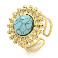 Ion Plating(IP) 304 Stainless Steel Synthetic Turquoise Cuff Rings, Flower Open Rings for Women, Flower, Real 18K Gold Plated, 20.5mm, Inner Diameter: Adjustable(G-Z056-08G-04)