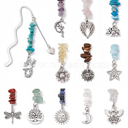 Natural Gemstone Chip Beads Bookmarks, Mixed Shapes Alloy Charms Bookmarker, 85~95mm, 12pcs/set.(AJEW-JK00248)