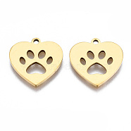 201 Stainless Steel Pet Pendants, Laser Cut Pendants, Heart with Dog Footprint, Golden, 15x14.5x1mm, Hole: 1.4mm(STAS-S110-093G)