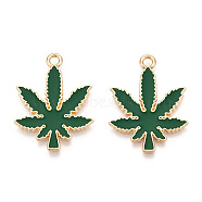 Alloy Enamel Pendants, Cadmium Free & Nickel Free & Lead Free, Light Gold, Pot Leaf/Hemp Leaf Shape Charm, Dark Green, 25x18.5x1.4mm, Hole: 1.8mm(PALLOY-E028-14B-03)