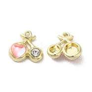 Alloy Pendant, with Glass, Light Gold, Lead Free & Cadmium Free, Cherry Charm, Pink, 14x15x5mm, Hole: 1.5mm(PALLOY-K001-083G-01)