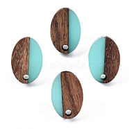Resin & Walnut Wood Stud Earring Findings, with 304 Stainless Steel Pin, Oval, Turquoise, 15x10mm, Hole: 1.8mm, Pin: 0.7mm(MAK-N032-004A-A07)