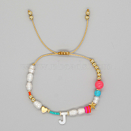 Initial Letter Natural Pearl Braided Bead Bracelet, Adjustable Bracelet, Letter J, 11 inch(28cm)(LO8834-10)