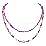 Glass Seed Beaded Necklaces Set, Natural Amethyst & Pearl & Imitation Pearl Beads Necklaces for Women, Medium Orchid, 17.3~20.5 inch(44~52cm), 2pcs/set(NJEW-SW00006-05)