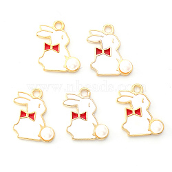Light Gold Plated Alloy Enamel Pendants, Rabbit with Pearl, Red, 17x13x1.5mm, Hole: 1.8mm(ENAM-R136-23B)