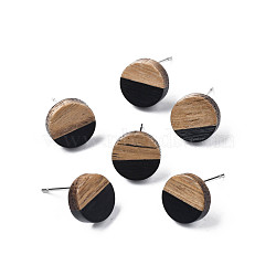 Opaque Resin & Walnut Wood Stud Earrings, with 316 Stainless Steel Pins, Flat Round, Black, 10mm, Pin: 0.7mm(EJEW-N017-008-B01)
