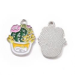 Alloy Enamel Pendants, Cactus Charm, Platinum, Dark Green, 25x18x1.5mm, Hole: 2mm(ENAM-G213-07P-02)