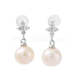 Natural Pearl and Cubic Zirconia Stud Earrings for Women, with Sterling Silver Pins, Platinum, 12x8mm(EJEW-C083-01P)