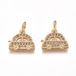 Brass Micro Pave Cubic Zirconia Charms, with Jump Rings, Car, PeachPuff, Golden, 9x11x1.5mm, Hole: 3mm(ZIRC-I038-05G)