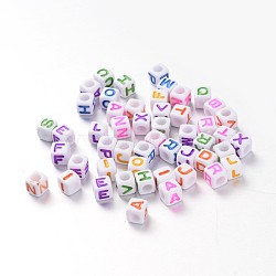Mixed Style Opaque Acrylic European Large Hole Beads, Horizontal Hole, Letter Cube, Mixed Color, 7x7x7mm, Hole: 4mm, about 1999pcs/408g(SACR-O002-03)