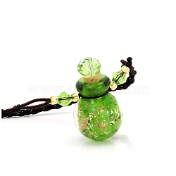 Lampwork Perfume Bottle Necklaces with Ropes, Bottle, Lime Green, 22.05~28.35 inch(56~72cm), Pendant: 22x17mm, Capacity: 1ml(0.03fl. oz)(PW-WG33753-07)
