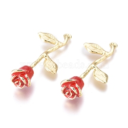 Alloy Pendants, with Enamel, Big Rose Flower, Golden, Red, 38x17x9mm, Hole: 1.2mm(X-ENAM-R053-004B)