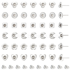 84Pcs 6 Style 201 Stainless Steel Stud Earring Findings, Earring Settings, with 304 Stainless Steel Pins and 84Pcs 201 Stainless Steel Ear Nuts, Stainless Steel Color, 6~8x6~8mm, Pin: 11x0.7~0.8mm, Tray: 2.7~3.5mm, 14Pcs/style(STAS-UN0057-42)