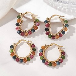2 Pairs 2 Styles Natural Green Jade Imitation Tourmaline Beaded Hoop Earrings, with 201 Stainless Steel Hoop Earrings, Heart & Ring Shape, Golden, 30~31x31~33x5mm, 1 pair/style(EJEW-JE06943)
