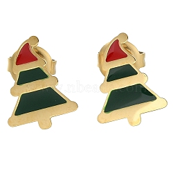 Ion Plating(IP) 304 Stainless Steel Enamel Stud Earrings, Real 14K Gold Plated, For Christmas, Christmas Tree, 12.5x9.5mm(EJEW-I316-03G-05)