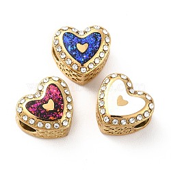 304 Stainless Steel European Beads, Large Hole Beads, with Rhinestone and Enamel, Heart with Heart, Mixed Color, Golden, 11.5x12.5x8.2mm, Hole: 4.2mm(STAS-I191-07G)