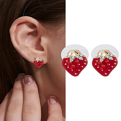 1 Pair Zinc Alloy Enamel Stud Earrings, with Rhinestone, Strawberry, Golden, 13x9.5mm(EJEW-LP0009-14)