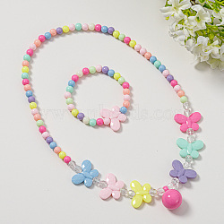 Plastic Beaded Necklaces & Beaded Bracelets, Kid Jewelry Sets, Colorful, Butterfly, 450mm & 140mm(WG32877-15)