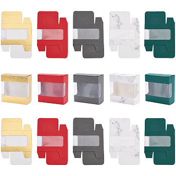 Kraft Paper Cardboard Jewelry Boxes, with PVC Window, Square, Mixed Color, Box: 8x8x3.5cm, 5 colors, 6pcs/color, 30pcs