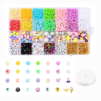 1789Pcs Craft & Plating & Opaque & Spray Painted Acrylic Beads, 555Pcs Plastic Round Beads, Lobster Claw Clasps, Iron Findings and Elastic Crystal Thread, for DIY Jewelry Finding Kits, Mixed Color, Beads: 2344pcs/box