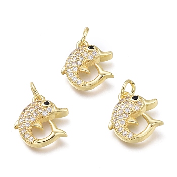 Brass Micro Pave Clear Cubic Zirconia Charms, with Jump Rings, Dolphin Shape, Golden, 14.3x13.2x3.8mm, Hole: 3.6mm