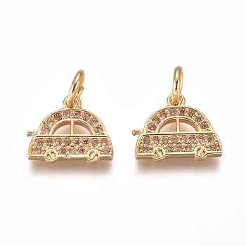 Brass Micro Pave Cubic Zirconia Charms, with Jump Rings, Car, PeachPuff, Golden, 9x11x1.5mm, Hole: 3mm