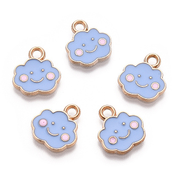 Alloy Enamel Charms, Cloud, with Smile Face, Light Gold, Cornflower Blue, 13x12x1mm, Hole: 1.8mm