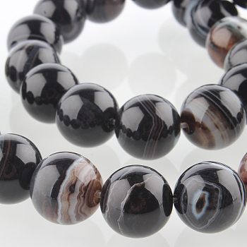 Natural Banded Agate Round Bead Strands, Dyed, Black, 12mm, Hole: 1mm, about 33pcs/strand, 15.35 inch