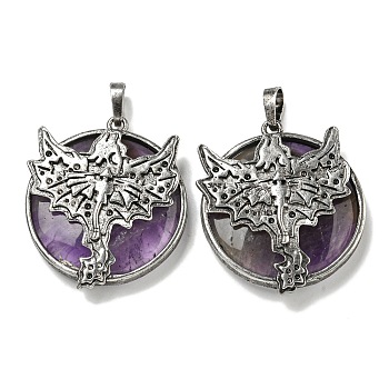 Natural Amethyst Flat Round Pendants, Rack Plating Brass Dragon Charms, Antique Silver, Cadmium Free & Lead Free, 38x32x7mm, Hole: 8x5mm