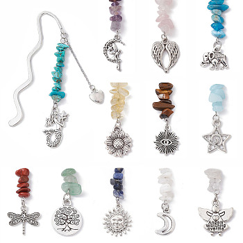 Natural Gemstone Chip Beads Bookmarks, Mixed Shapes Alloy Charms Bookmarker, 85~95mm, 12pcs/set.