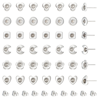 84Pcs 6 Style 201 Stainless Steel Stud Earring Findings, Earring Settings, with 304 Stainless Steel Pins and 84Pcs 201 Stainless Steel Ear Nuts, Stainless Steel Color, 6~8x6~8mm, Pin: 11x0.7~0.8mm, Tray: 2.7~3.5mm, 14Pcs/style