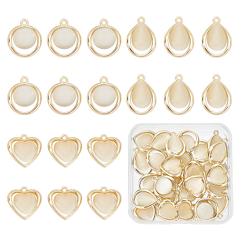 CHGCRAFT 30Pcs 3 Style Light Gold Alloy Pendants, with Resin Imitation Cat Eye Cabochons, Flat Round & Teardrop & Heart, Blanched Almond, 10pcs/style