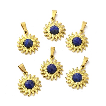 Natural Lapis Lazuli Faceted Sun Pendants, Golden Tone 304 Stainless Steel Charms, 18x15.5x4.5mm, Hole: 6x3mm