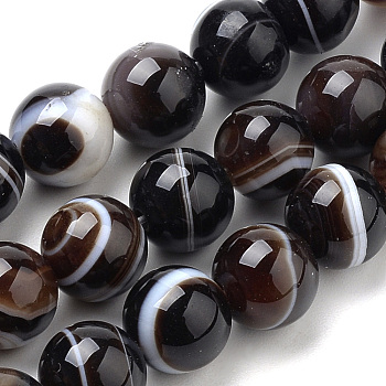 Natural Striped Agate/Banded Agate Beads Strands, Dyed, Round, Coconut Brown, 4mm, Hole: 1mm, about 90pcs/strand, 15.7 inch