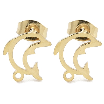 Hollow Dolphin Ion Plating(IP) 304 Stainless Steel Stud Earring Findings, with Loop, Golden, 11x9.5mm, Hole: 1.2mm, Pin: 0.8x11mm