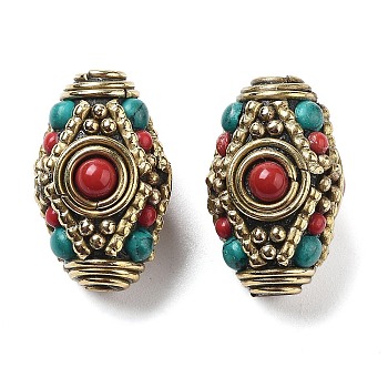 Handmade Tibetan Style Beads, with Brass Findings and Synthetic Turquoise, Barrel, Antique Golden, 23x15.5mm, Hole: 2.5mm