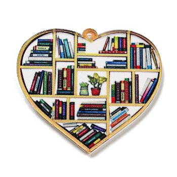School Theme Acrylic Pendants, Book, Heart, 40x45x2.5mm, Hole: 1.2mm